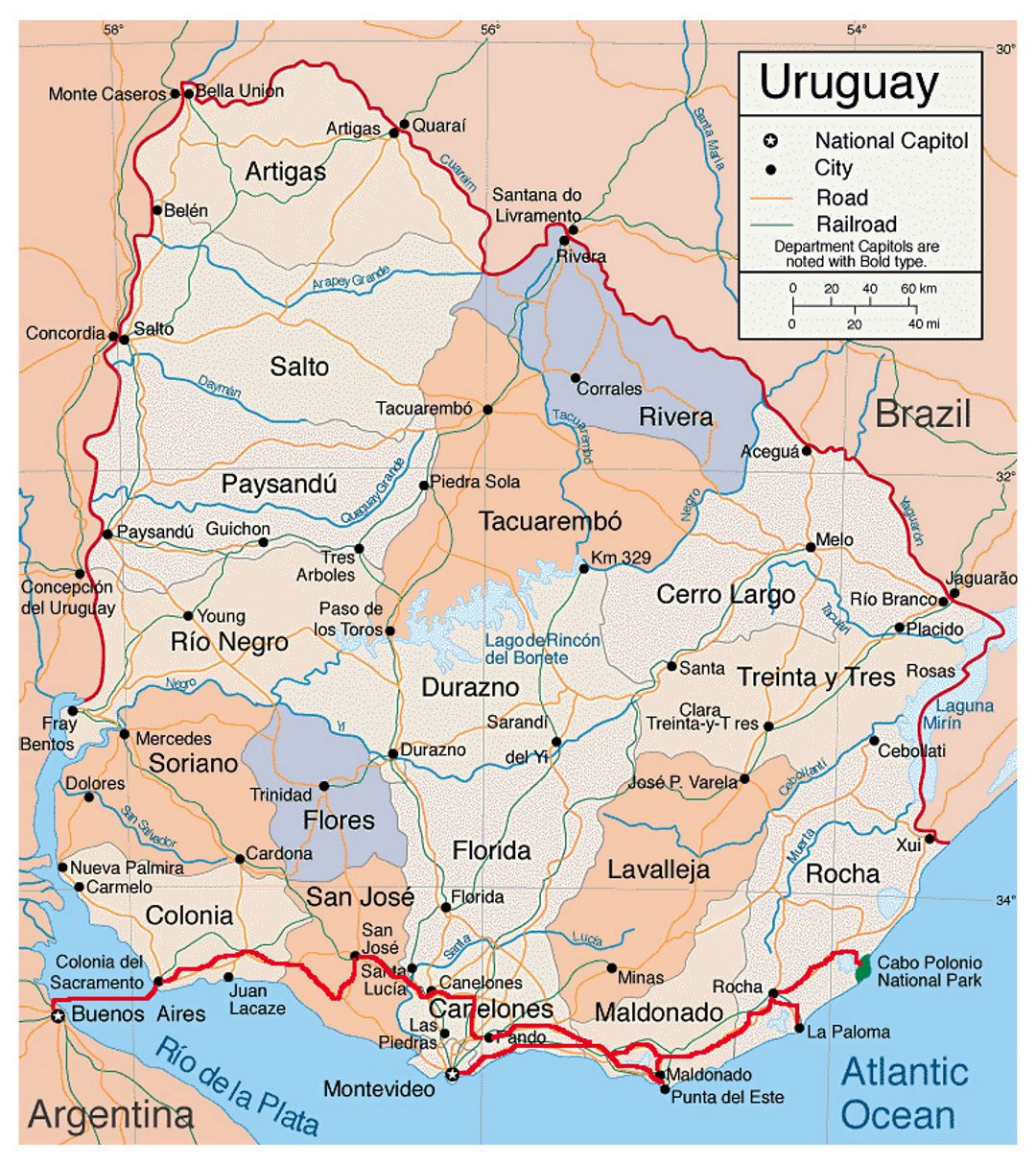 Detailed political and administreative map of Uruguay with roads and major cities