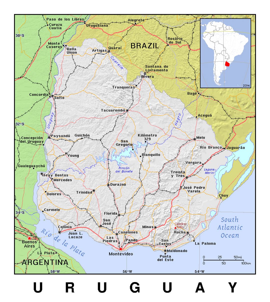 Detailed political map of Uruguay with relief