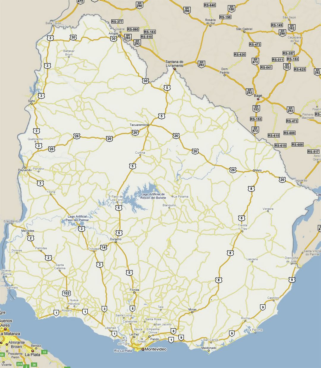 Detailed road map of Uruguay