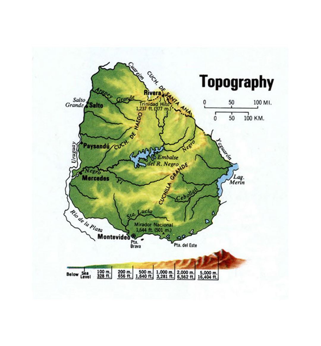 Detailed topography map of Uruguay