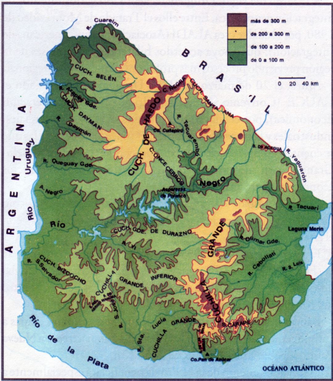 Large detailed elevation map of Uruguay