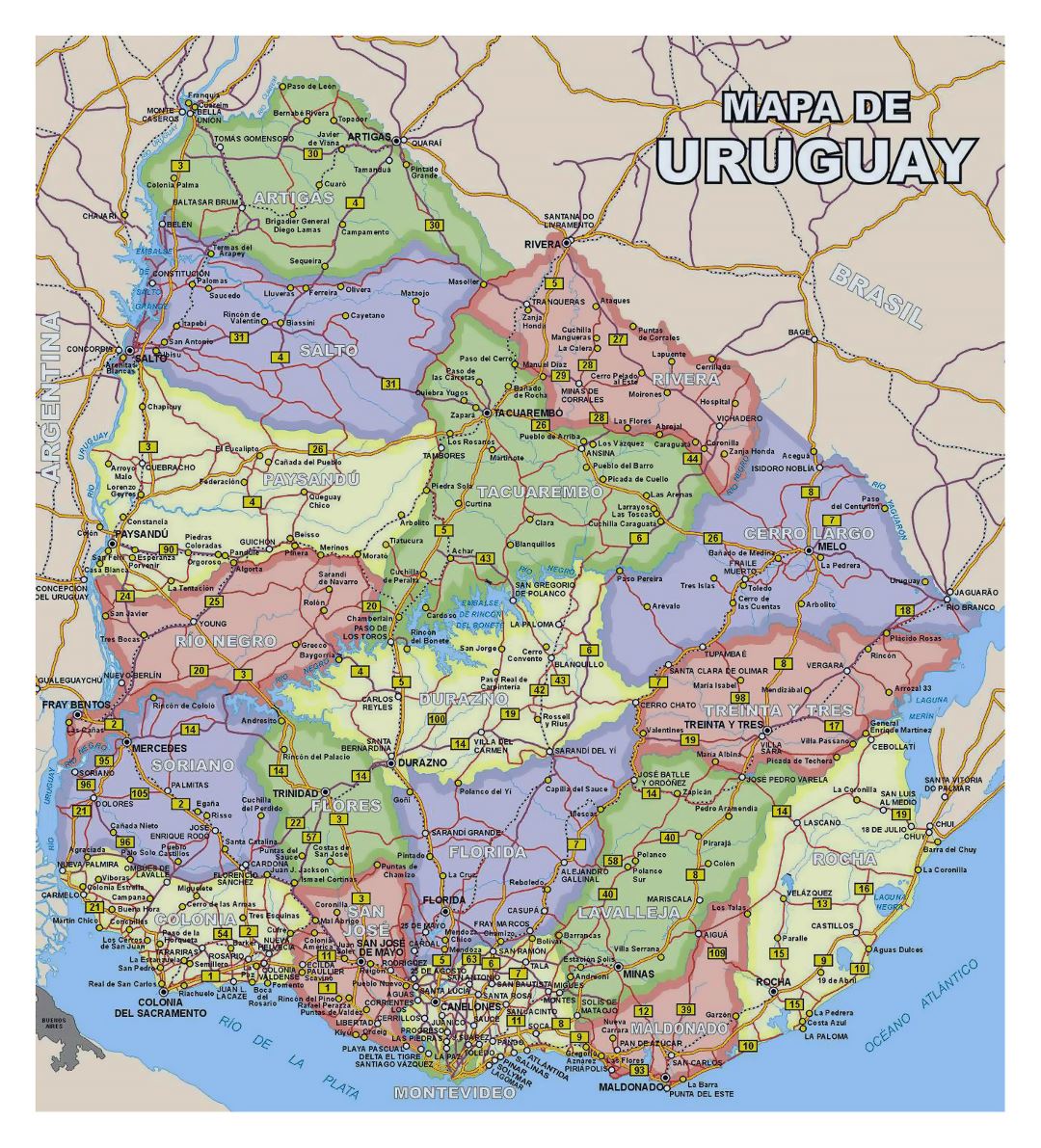Large detailed political and administrative divisions map of Uruguay with all roads and cities