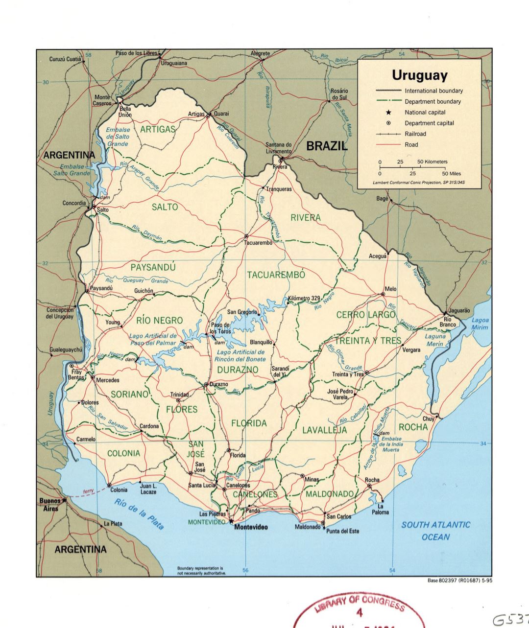Large detailed political and administrative map of Uruguay with marks of roads, railroads and major cities - 1995
