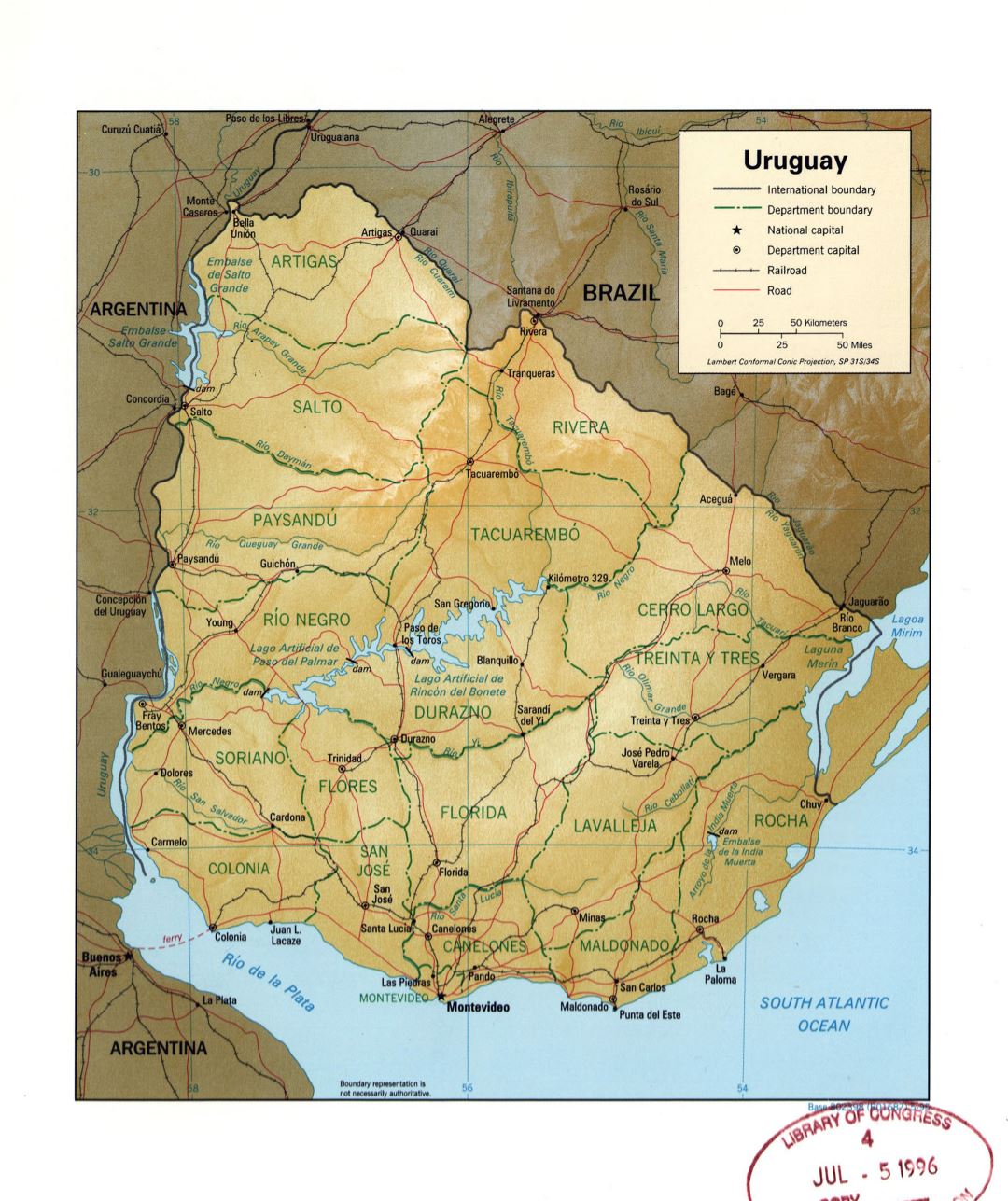 Large detailed political and administrative map of Uruguay with relief, marks of roads, railroads and major cities - 1995