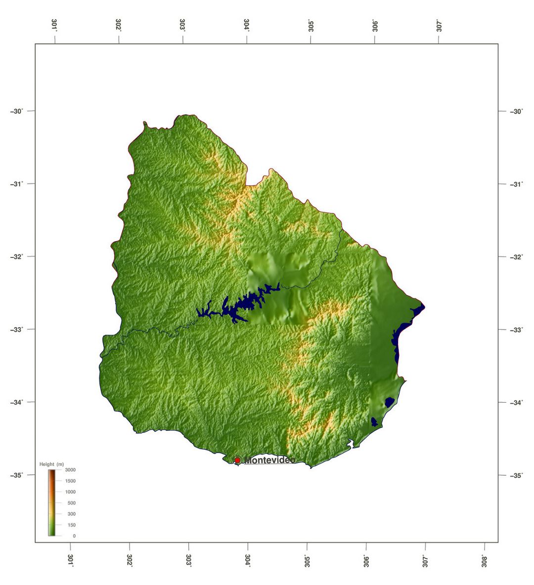 Large elevation card of Uruguay