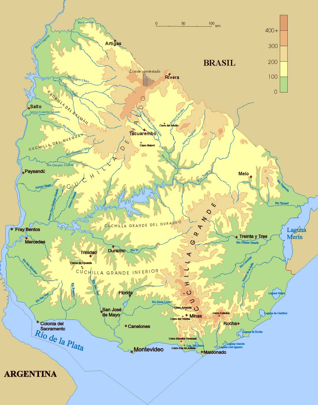 Large elevation map of Uruguay