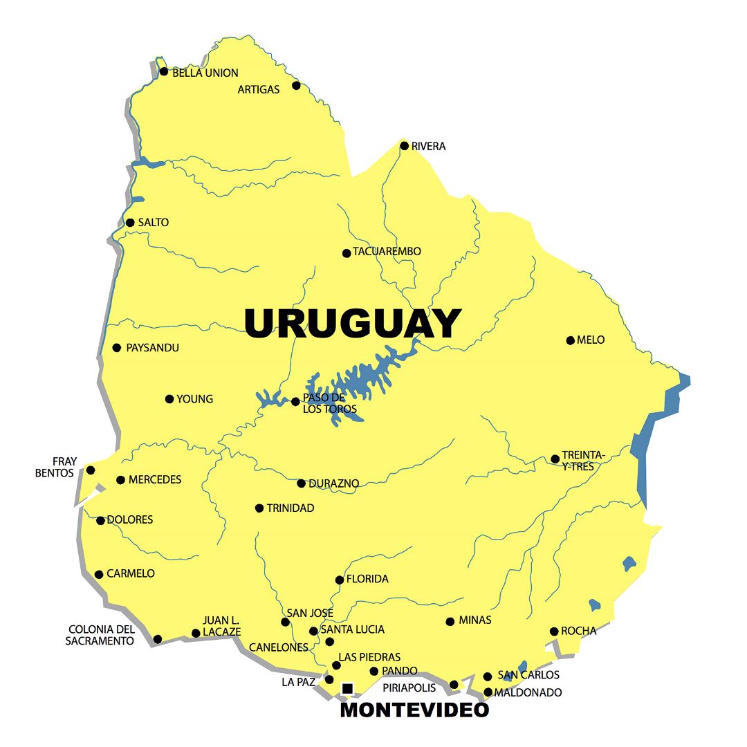 Large map of Uruguay with major cities