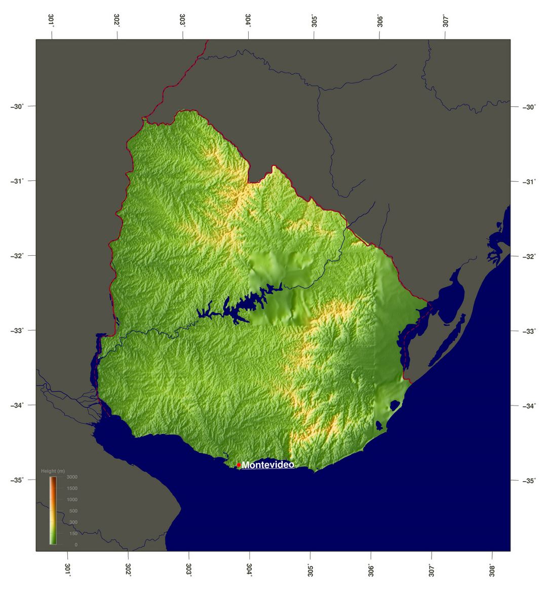 Large physical map of Uruguay