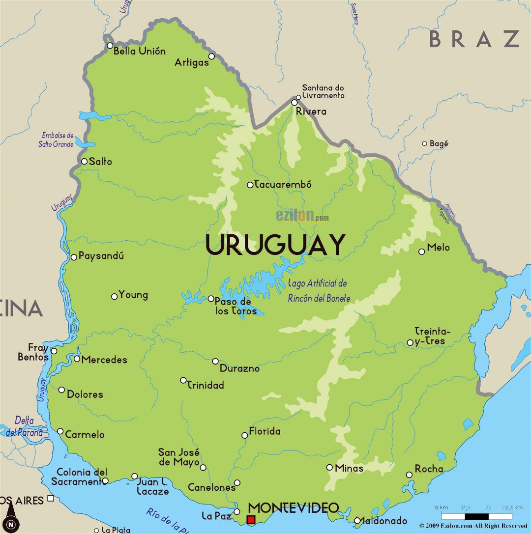 Large physical map of Uruguay with major cities