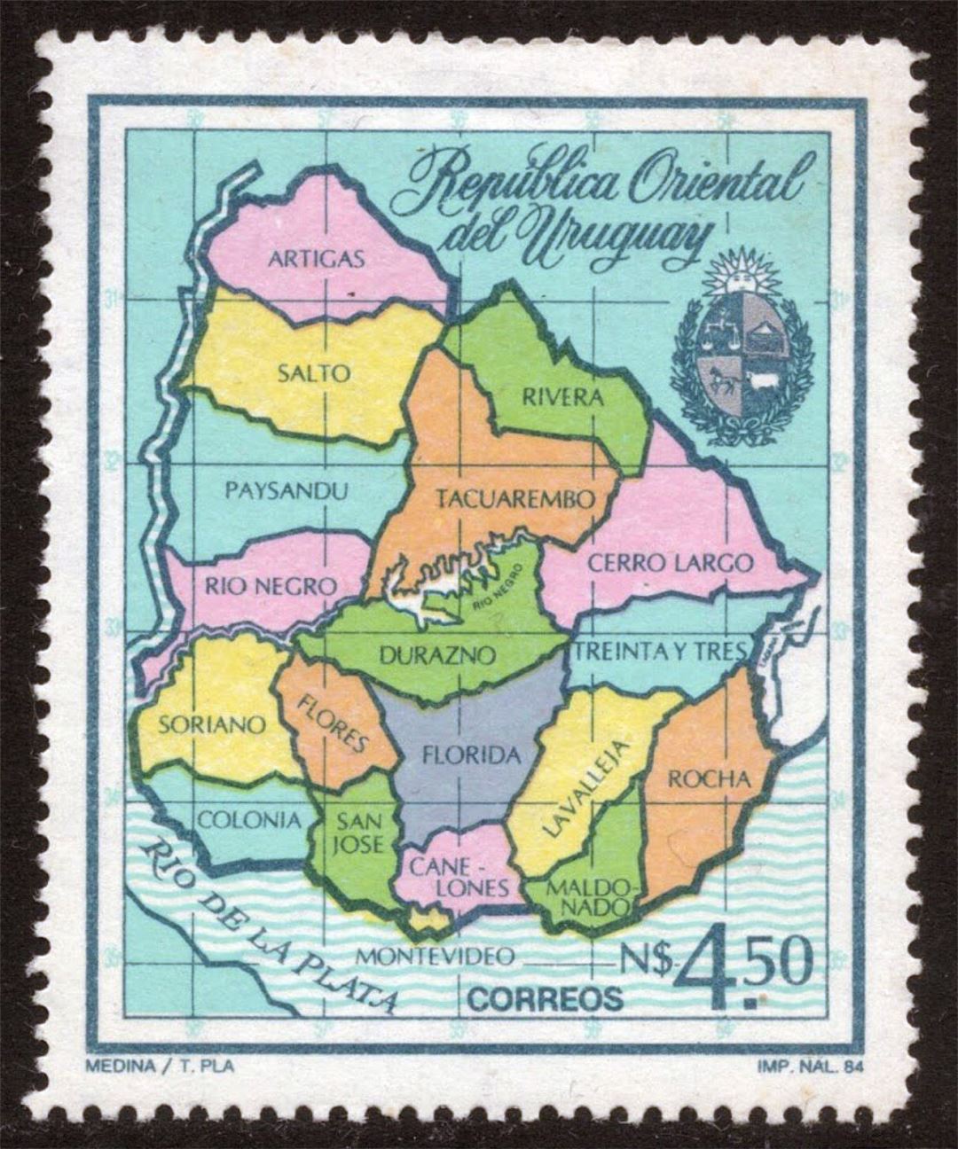 Large political and administrative map of Uruguay on post stamp
