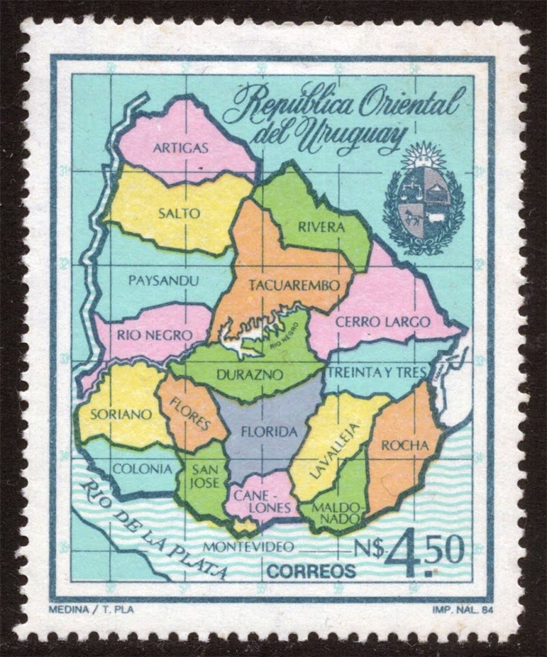 Large political and administrative map of Uruguay on post stamp