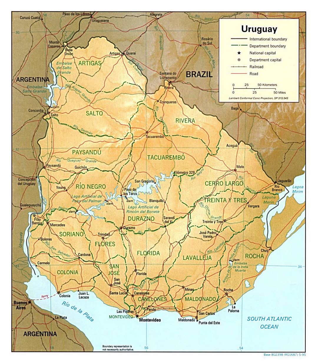 Large political and administrative map of Uruguay with relief, roads and cities - 1995