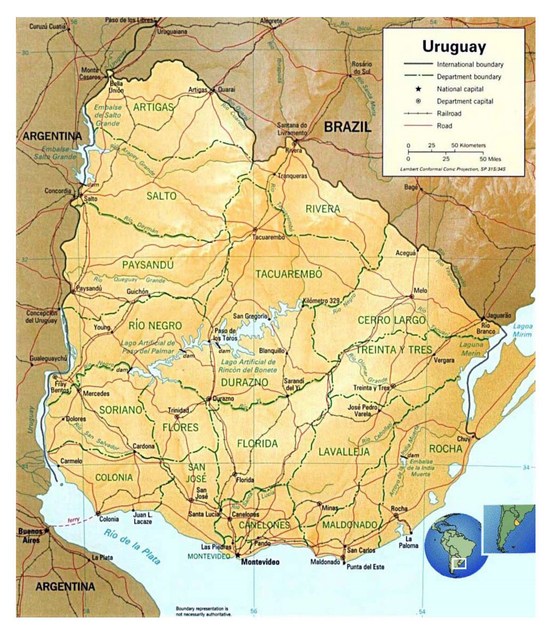 Large political and administrative map of Uruguay with relief
