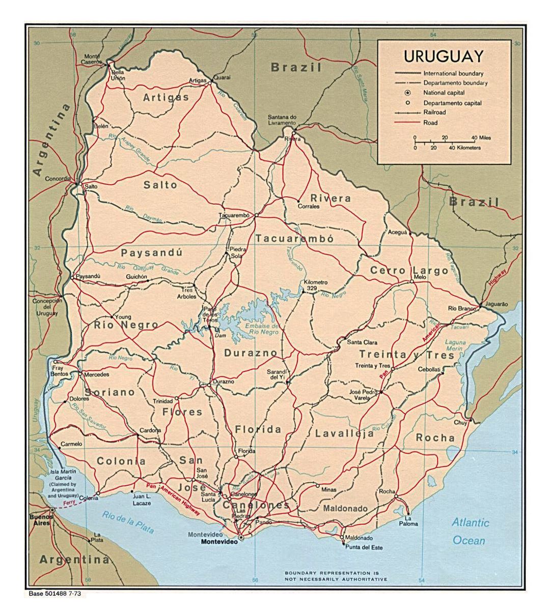 Large political and administrative map of Uruguay with roads and cities - 1973