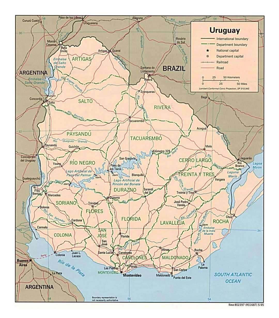 Large political and administrative map of Uruguay with roads and cities - 1995
