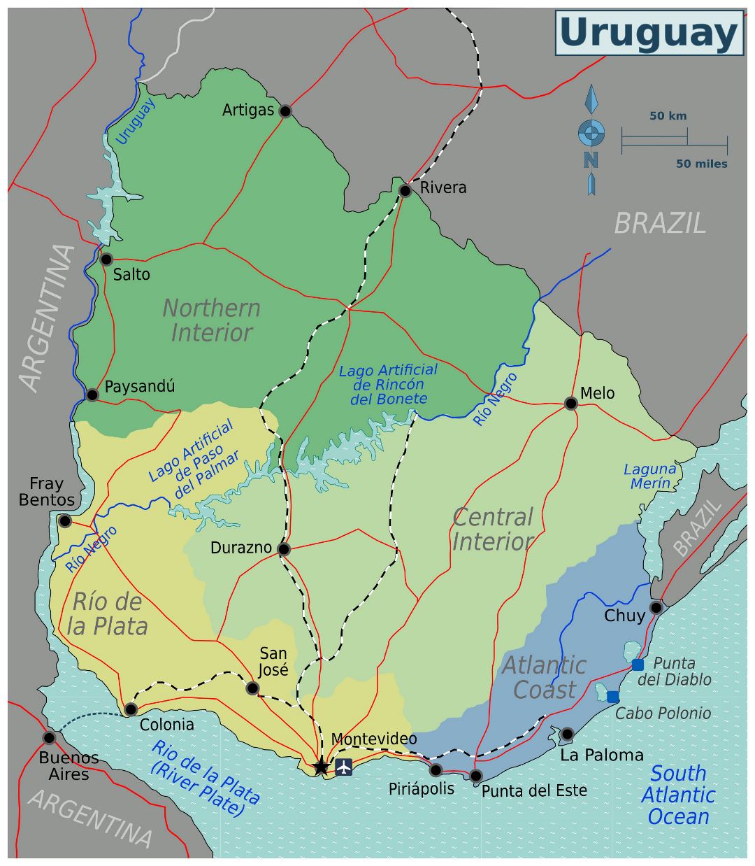 Large regions map of Uruguay