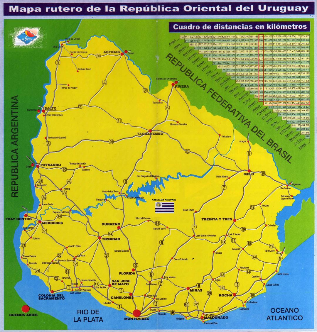 Large scale road map of Uruguay