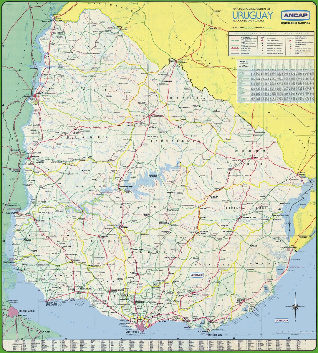 Large scale road map of Uruguay with all cities