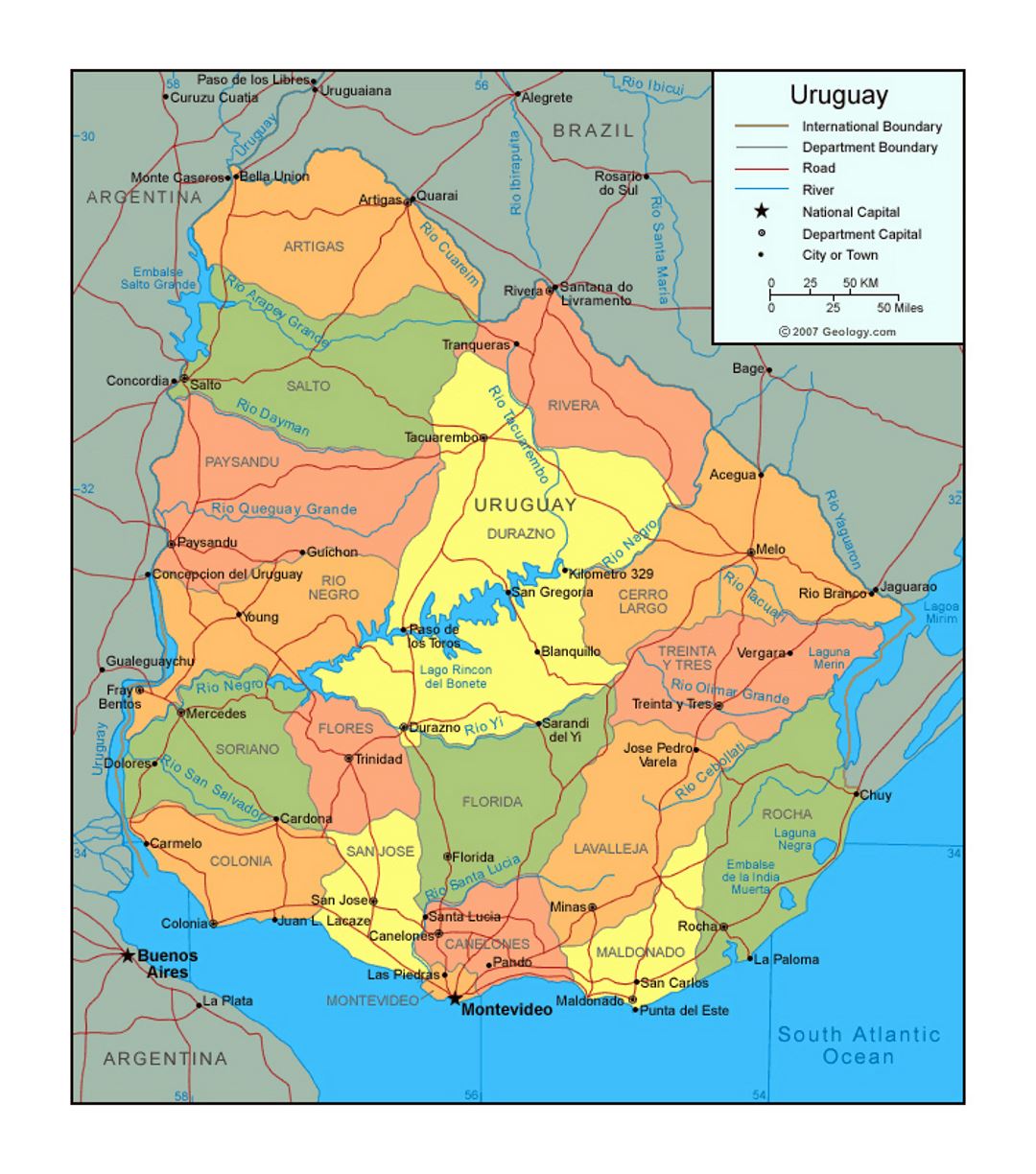 Political and administrative map of Uruguay with roads and major cities