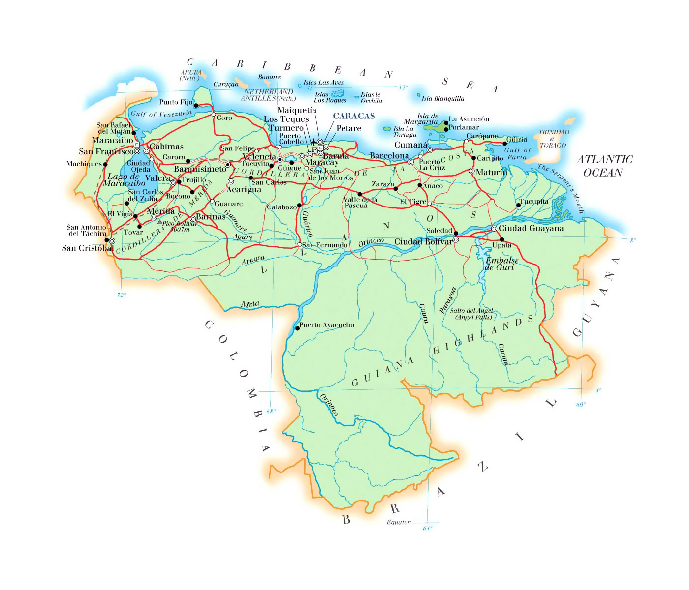 Detailed Elevation Map Of Venezuela With Roads Cities And Airports