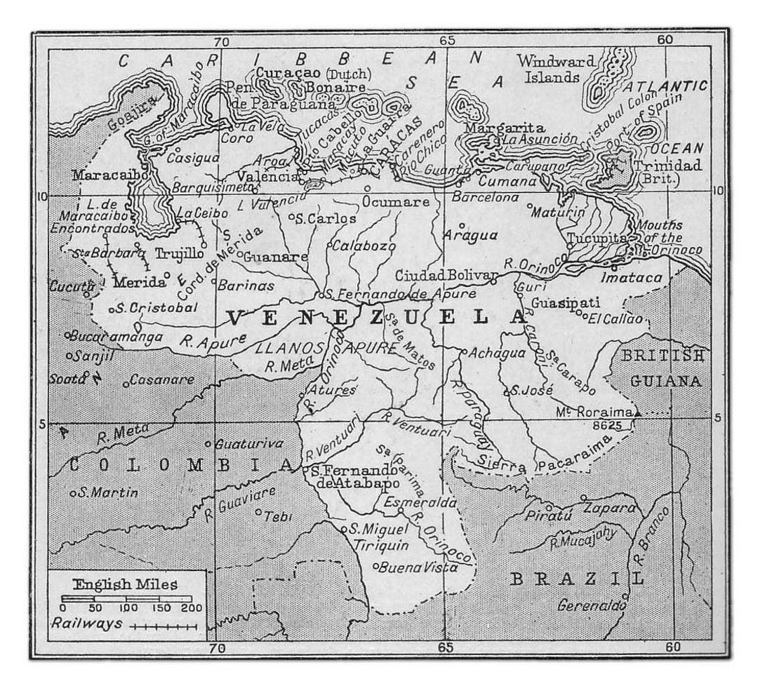 Detailed old map of Venezuela with railroads and cities - 1920