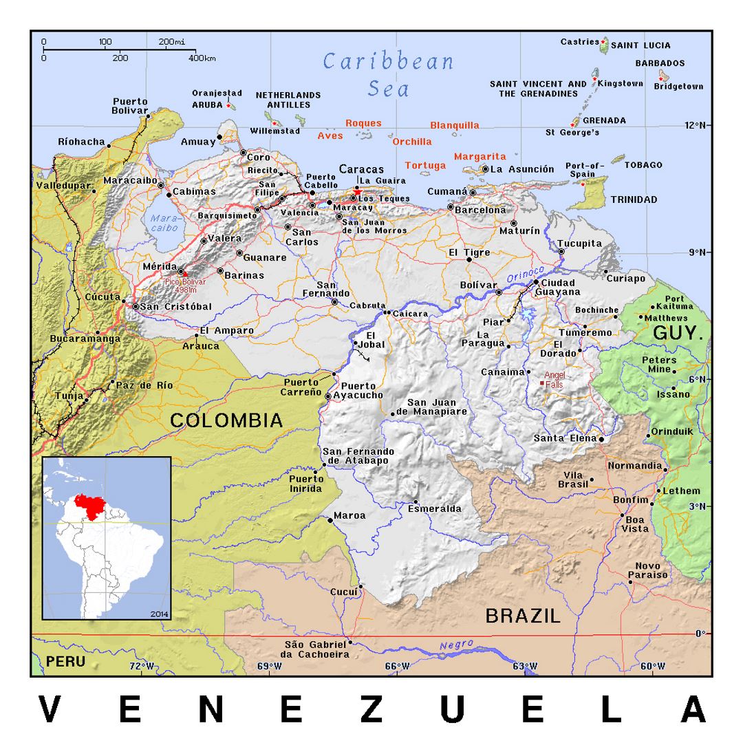 Detailed political map of Venezuela with relief