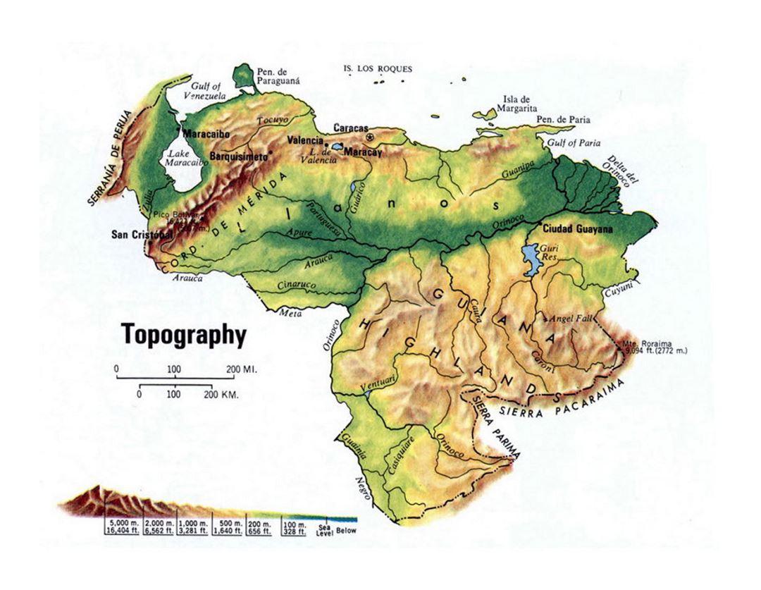 Detailed topography map of Venezuela | Venezuela | South America ...