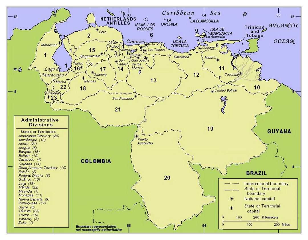 Large administrative divisions map of Venezuela with major cities