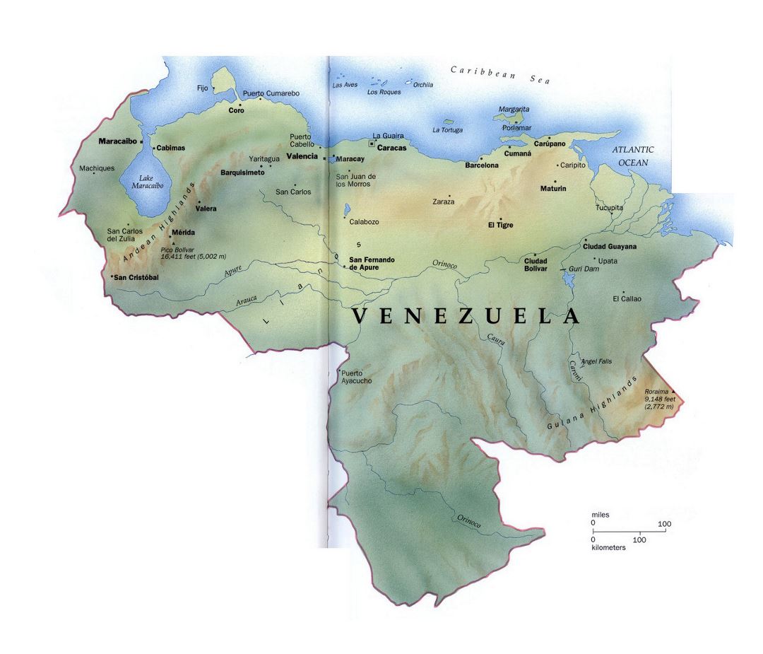 Large detailed map of Venezuela with relief and major cities