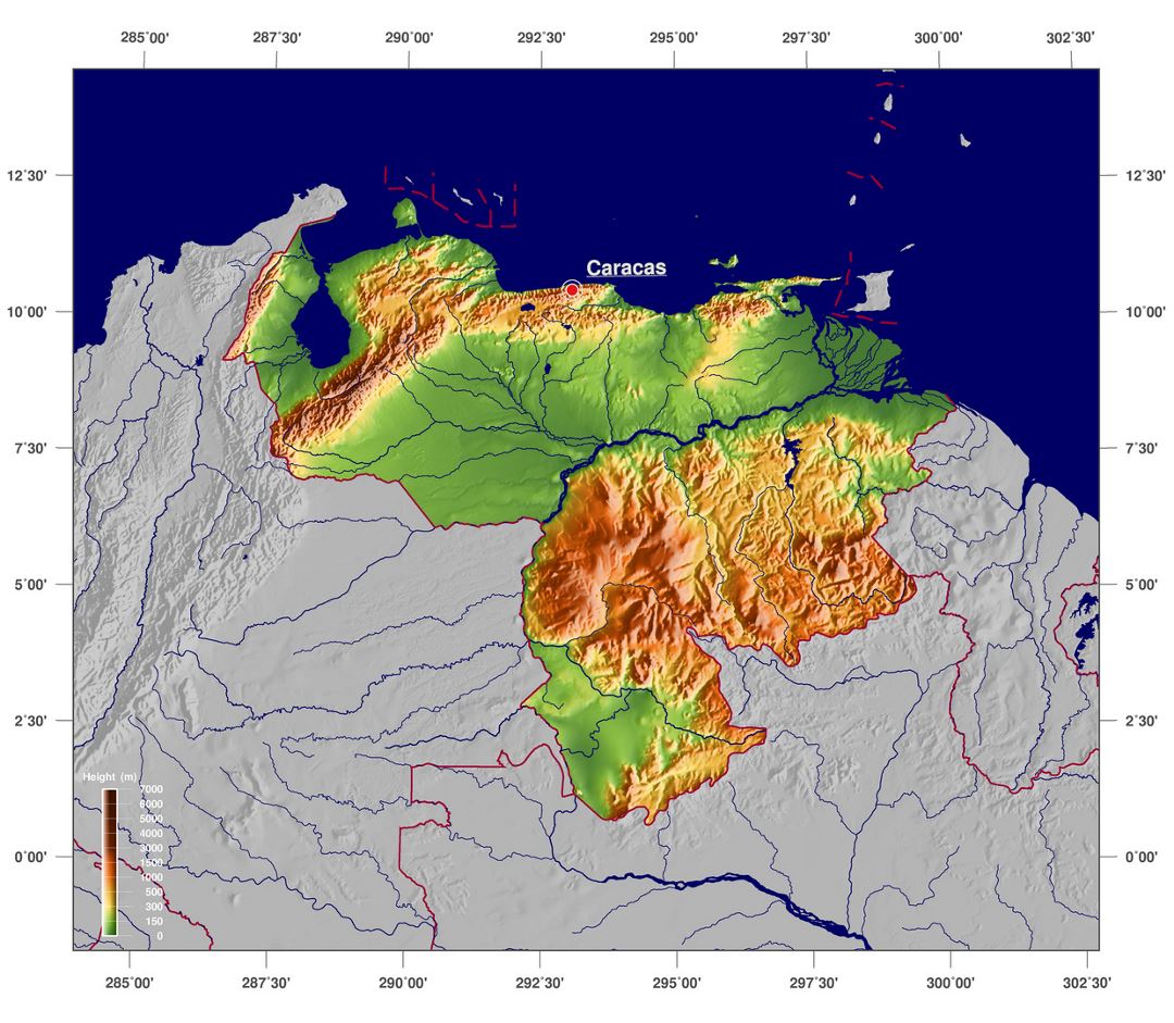 Large detailed physical map of Venezuela