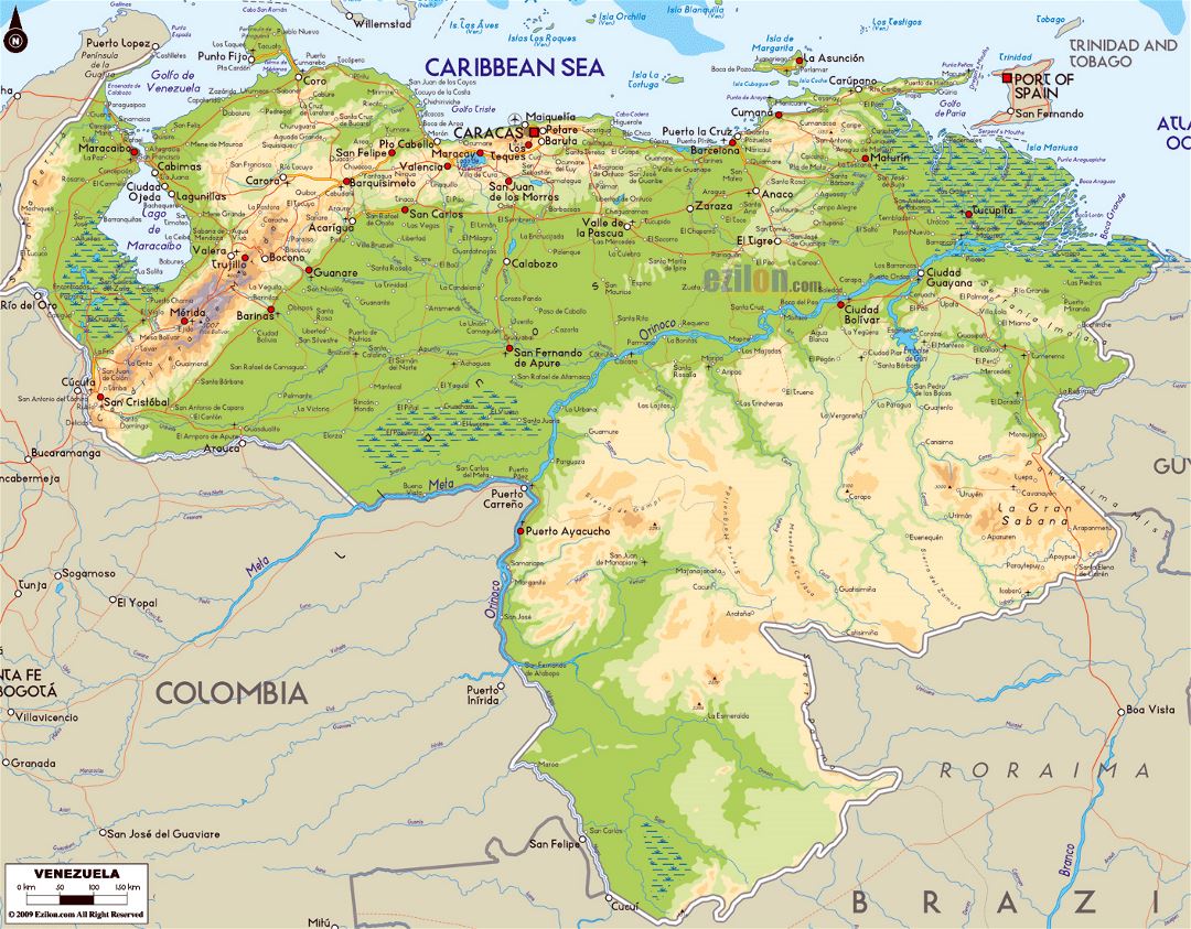 Large physical map of Venezuela with roads, cities and airports