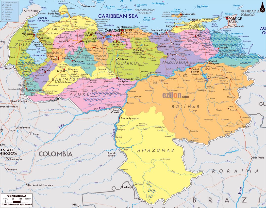 Large political and administrative map of Venezuela with roads, cities and airports