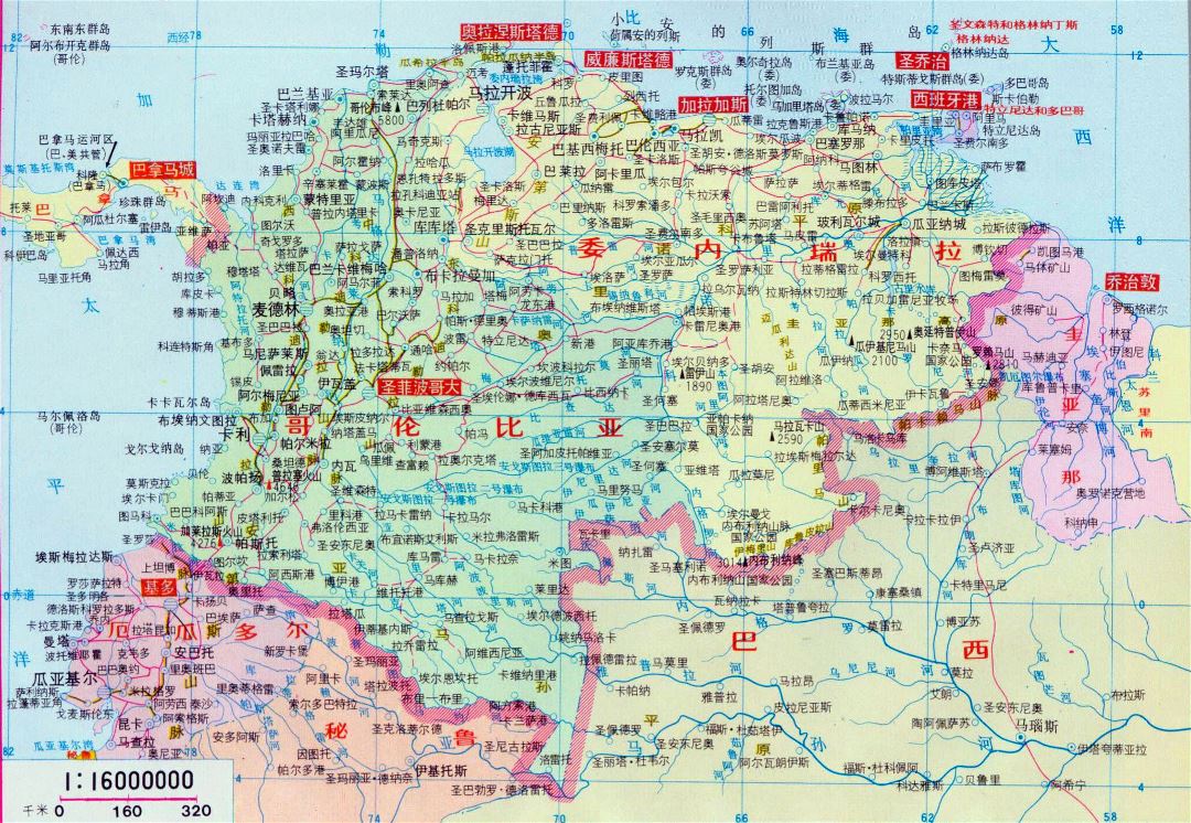 Large political map of Columbia and Venezuela with cities in chinese