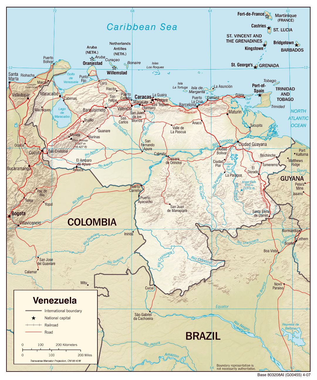 Large scale political map of Venezuela with relief, roads and cities - 2007