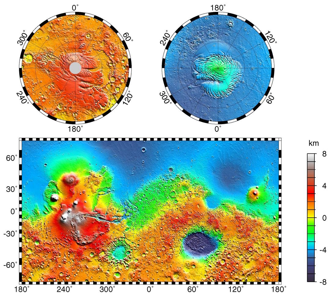 Large detailed topographic map of Mars