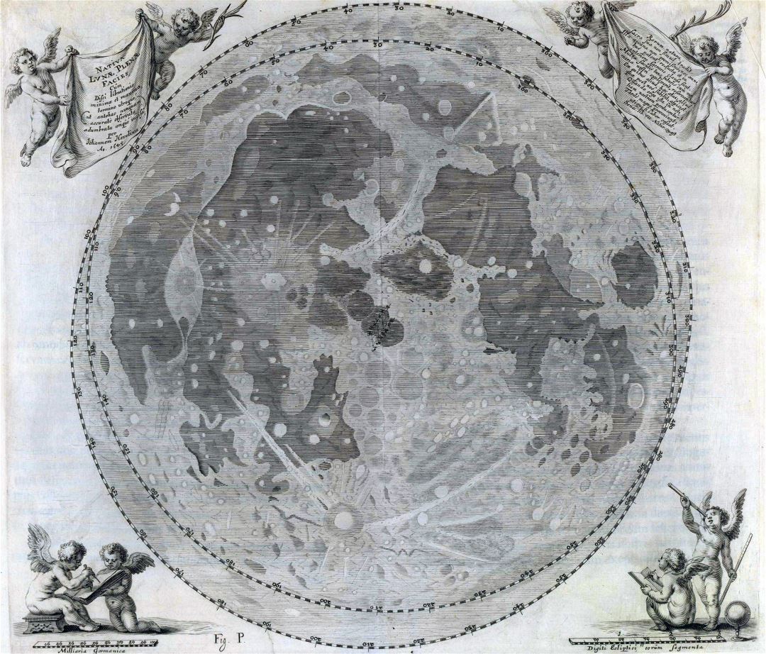 Large detailed old map of the Moon - 1647