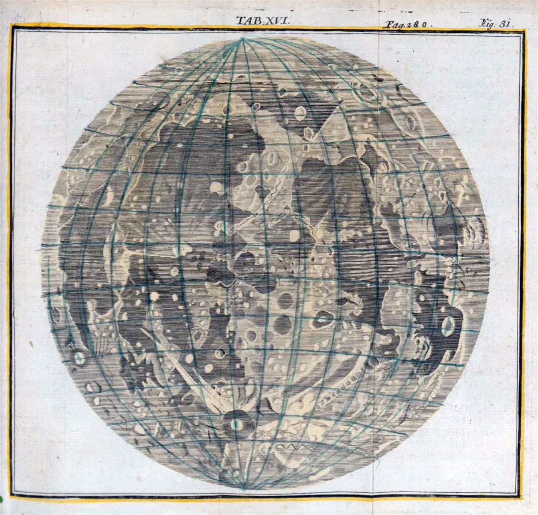 Large detailed old map of the Moon - 1723