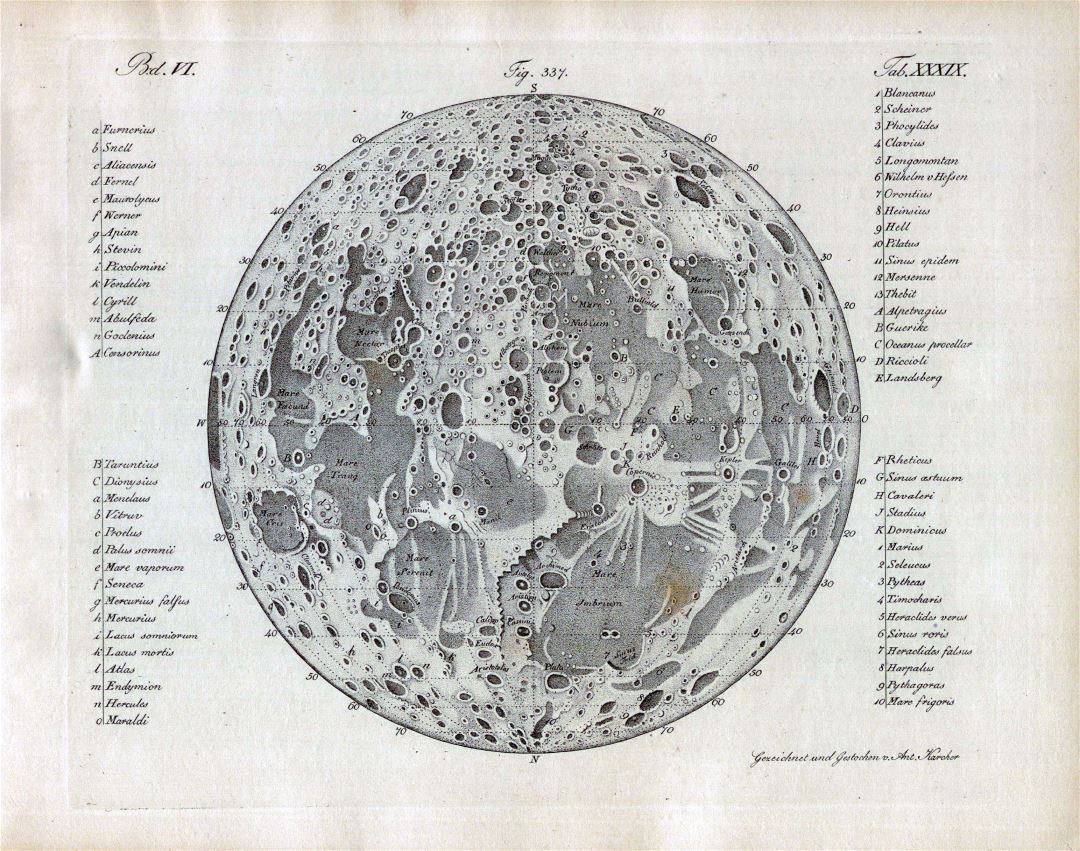 Large detailed old map of the Moon - 1842