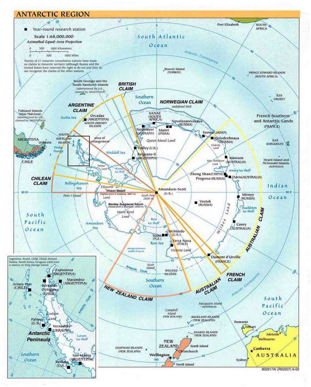 Detailed political map of Antarctic Region - 2002
