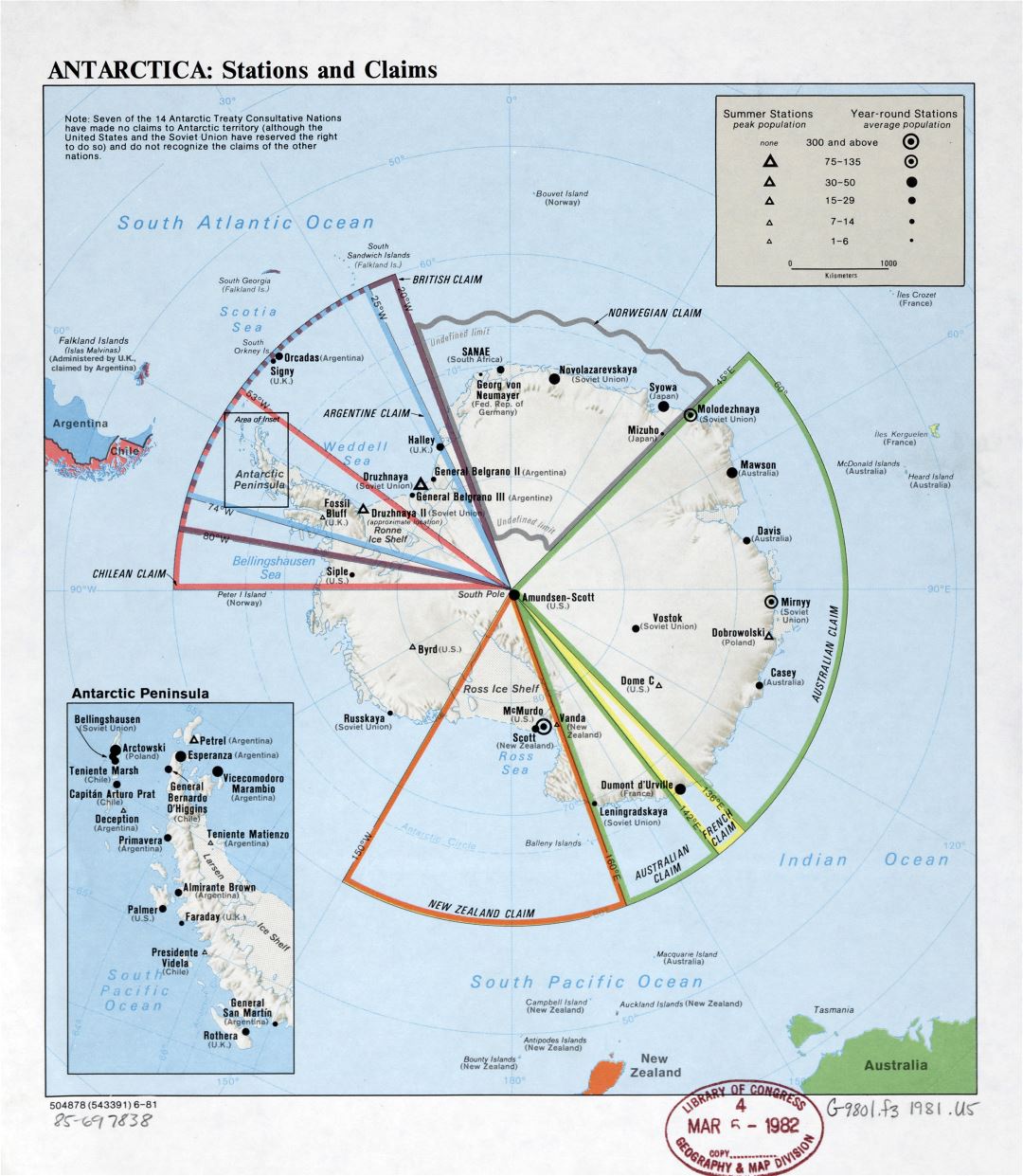 Large detailed Antarctica stations and claims map - 1981