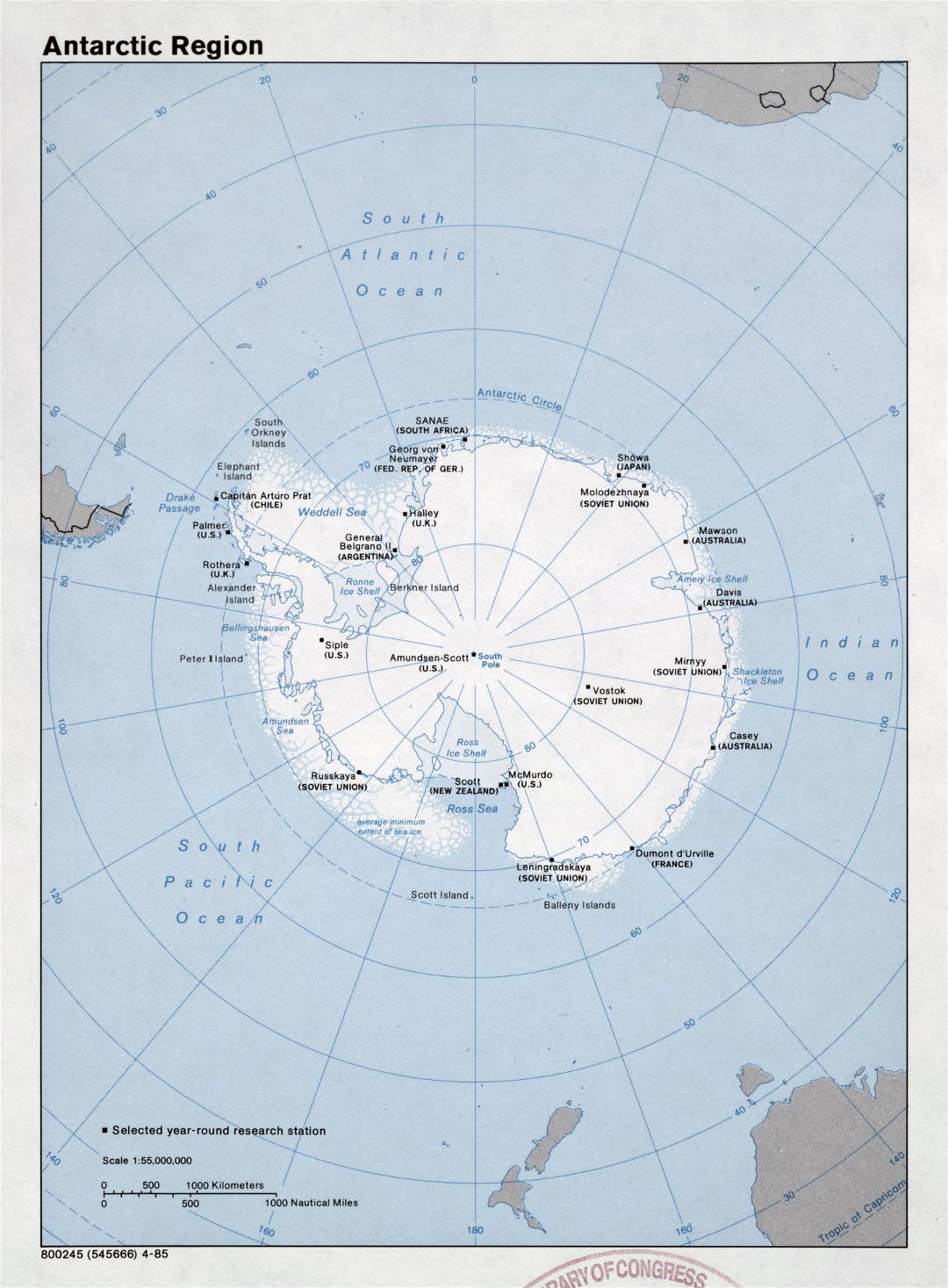 Large detailed map of Antarctic Region - 1985