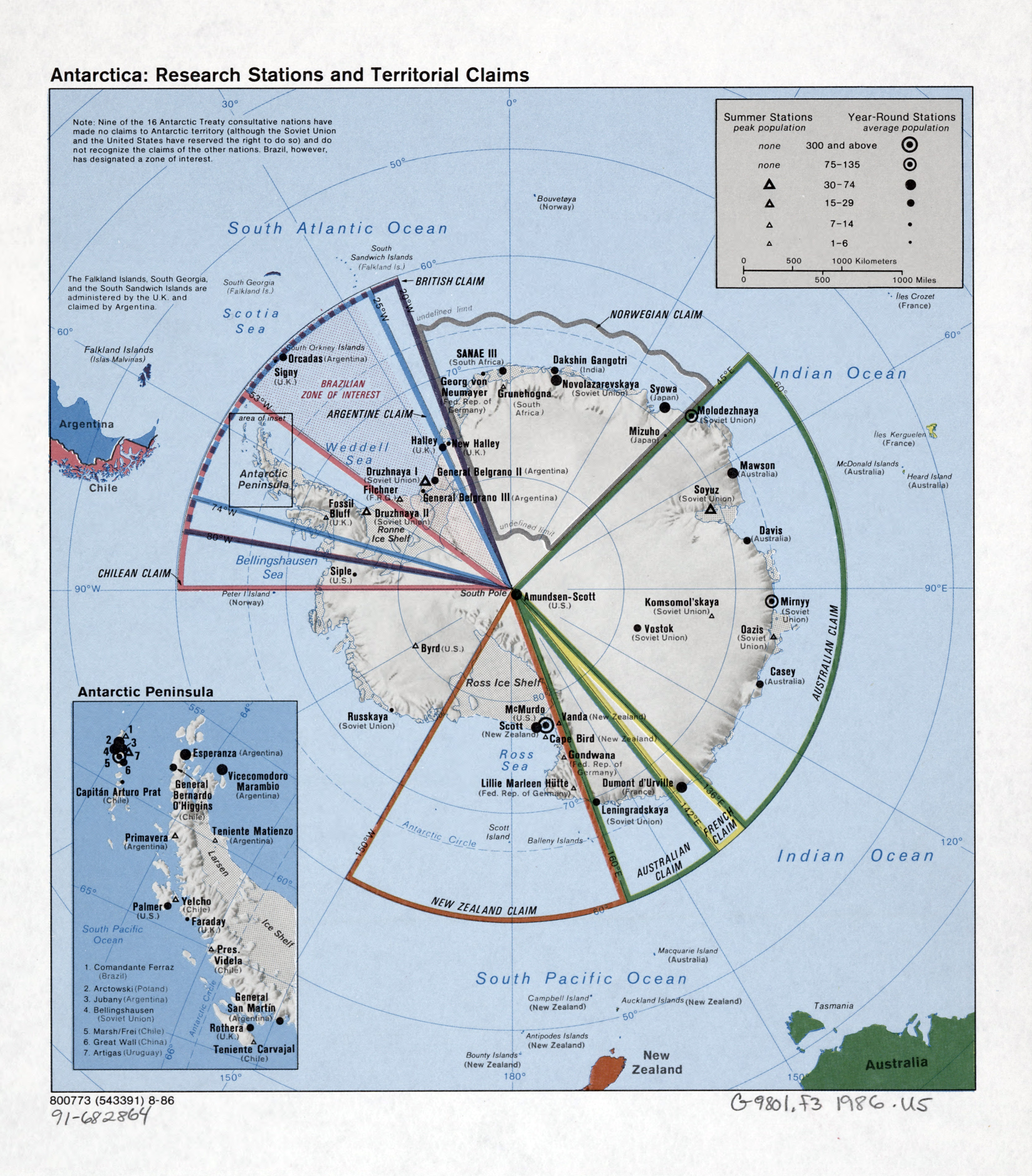 Large Detailed Map Of The Antarctica Research Stations And Territorial Claims 1986 