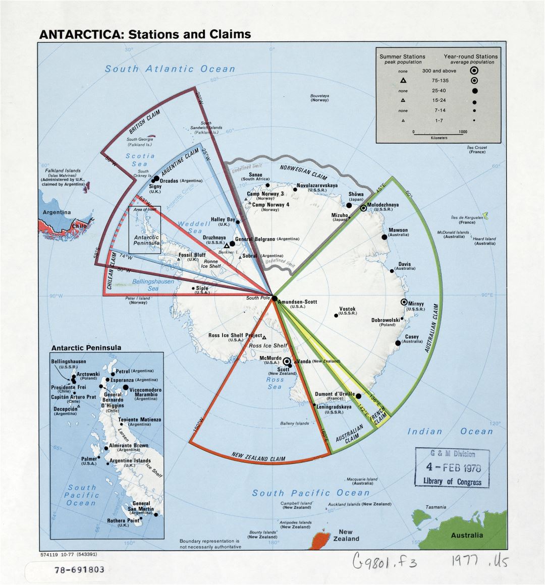Large detailed map of the Antarctica stations and claims - 1977