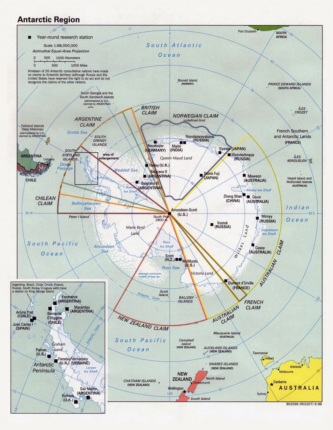 Large political map of Antarctic Region - 1998