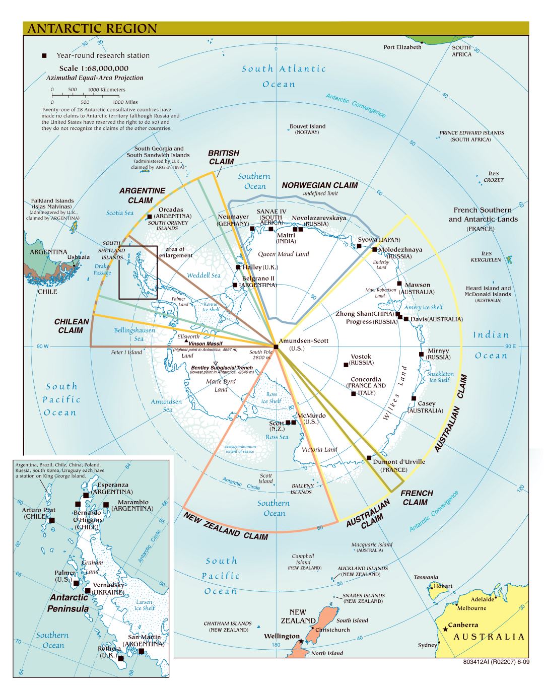 Large scale detailed political map of Antarctic Region - 2009