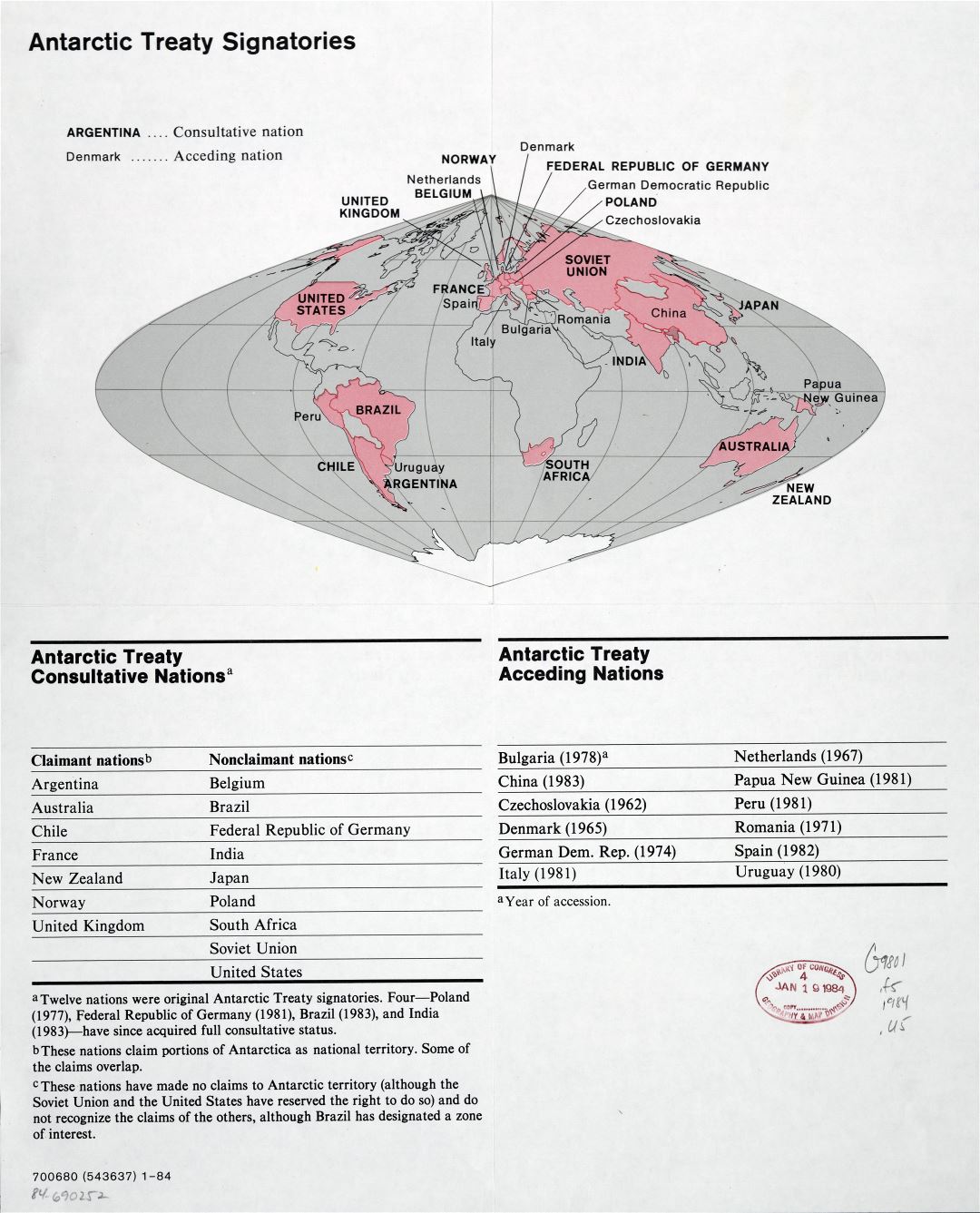 Large scale map of the Antarctic treaty signatories - 1984