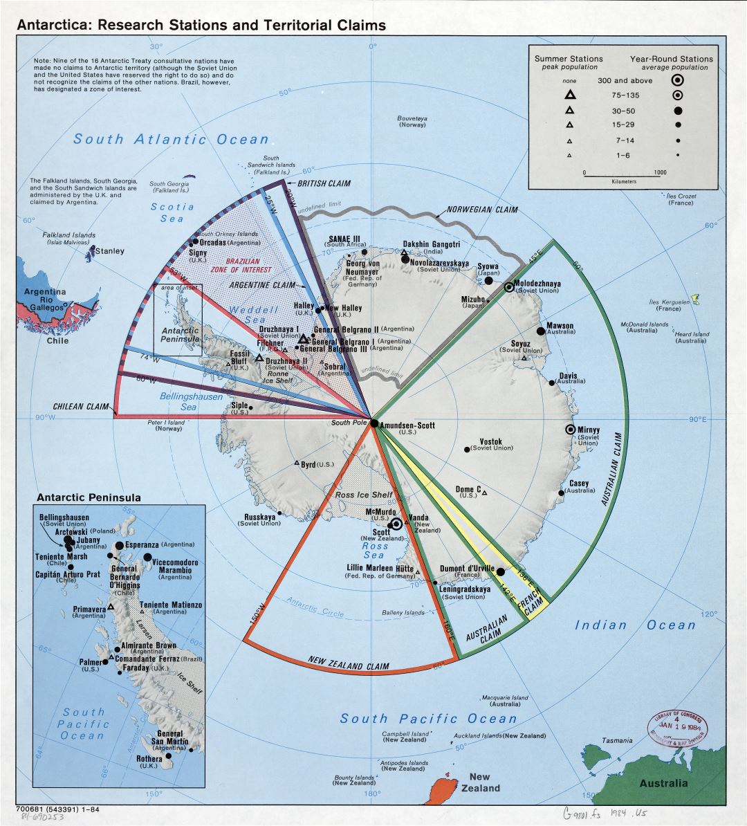 Large scale map of the Antarctica research stations and territorial claims - 1984