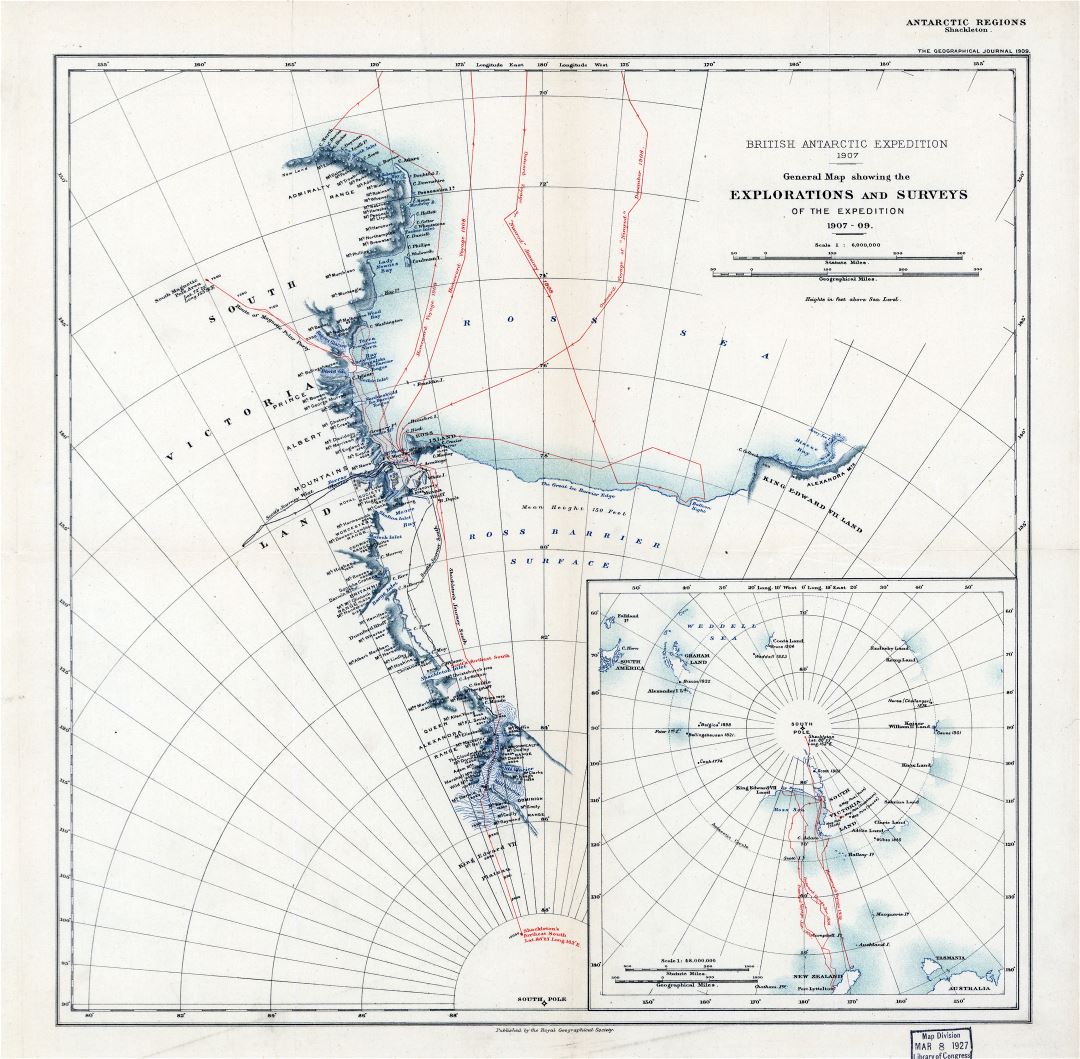 Large scale old general map showing the Explorations and Surveys of the Expedition - 1907-09