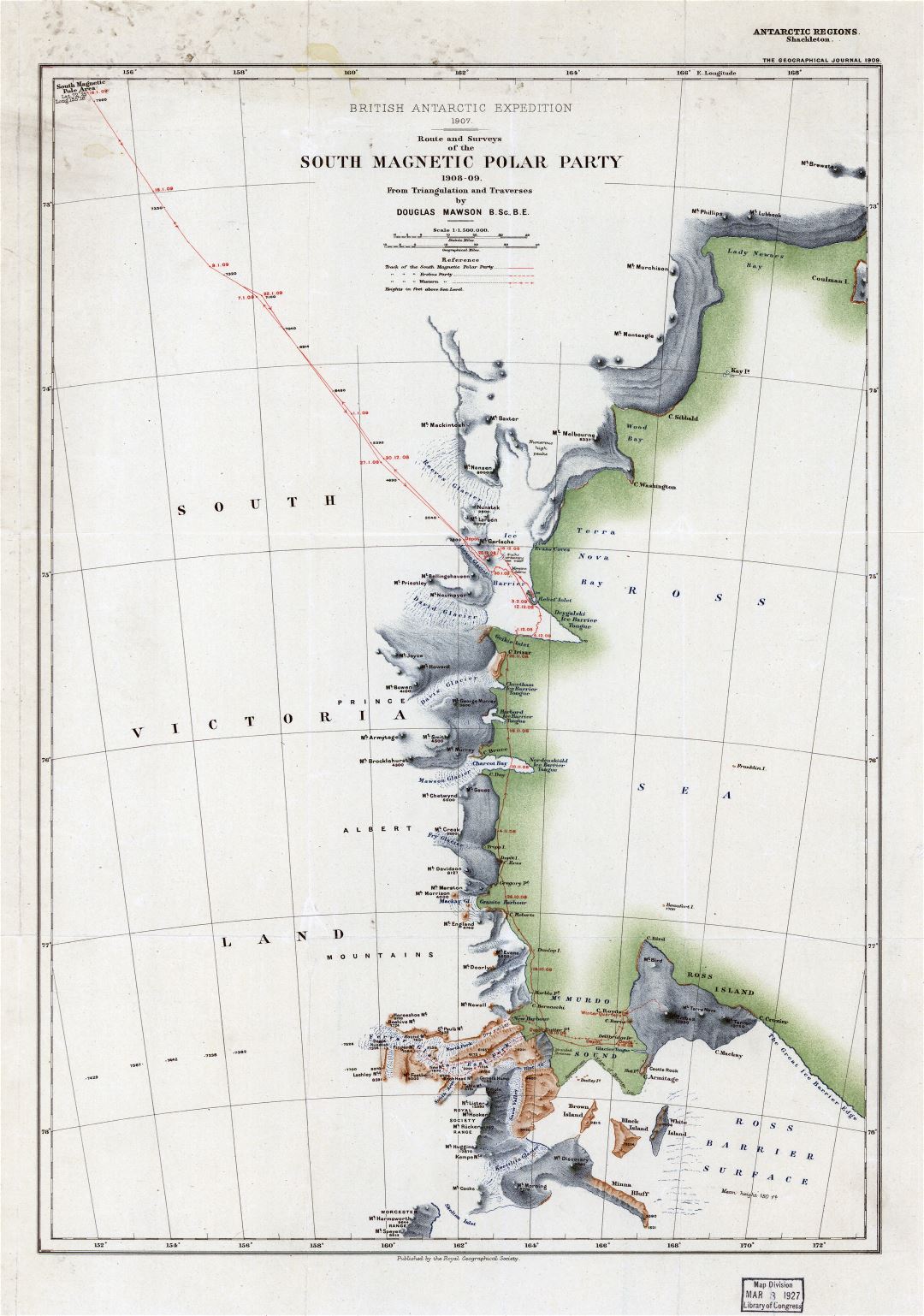 Large scale old map of Route and Surveys of the South Magnetic Polar Party - 1908-09