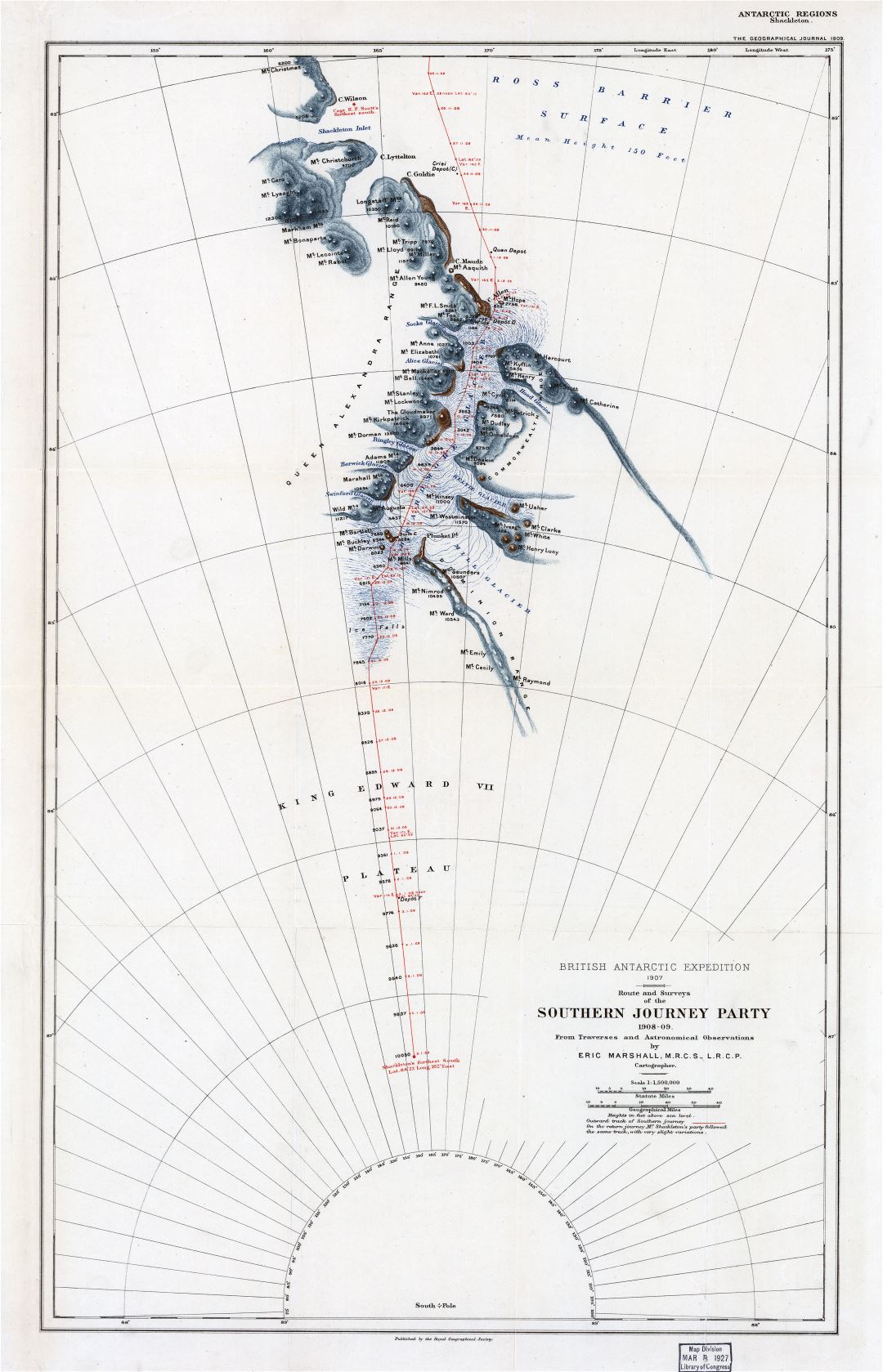 Large scale old map of Route and Surveys of the Southern Journey Party - 1908-09